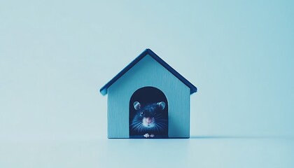 Adorable hamster peeking from small house, cute pet in miniature home, blue tone background