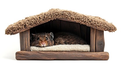 Adorable hamster resting in a cozy wooden house, perfect for pet lovers and animal enthusiasts