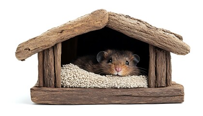 Adorable hamster in a cozy wooden house looking at the camera with cute expression