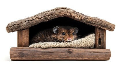 Adorable hamster resting in a cozy wooden house, cute pet rodent looking at camera