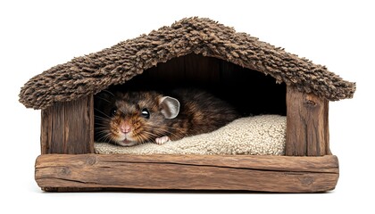 Adorable hamster resting comfortably inside a cozy wooden house with soft bedding material