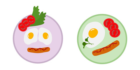 Hand Drawn Fried eggs and sausage and tomato slices on plate Breakfast or Motivation design idea Set