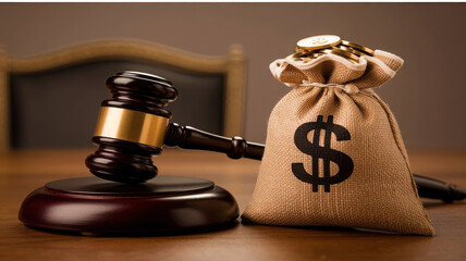 Gavel and money bag with dollar sign representing legal and financial justice