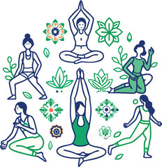 Color line art yoga icon set vector 