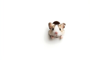 Cute hamster peeking out from a hole on white background. Adorable rodent looking.