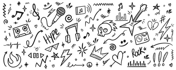 Music Doodle Icon Set with Punk Rock Guitar, Microphone, Skull, Thunder, Arrow, Crown, and Hand Drawn Graffiti Style Elements on Transparent Background © PixelSupply