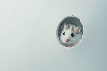 Adorable white hamster peeking out of a hole in the wall, cute pet rodent looking curious