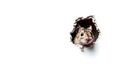Curious hamster peeking through a hole in the wall, adorable rodent portrait, studio shot