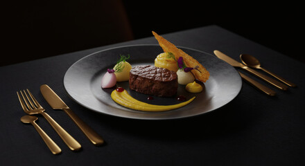 Gourmet Pan Seared Beef Filet with Potato Puree Elegant Food Photography