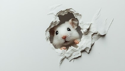Curious white hamster peeking through a hole in the wall, exploring new environment