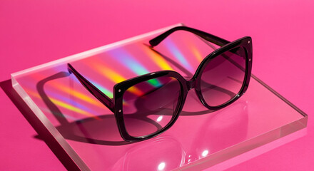 Stylish sunglasses with black frames on vibrant pink background with rainbow light reflections creating a modern eyewear presentation.
