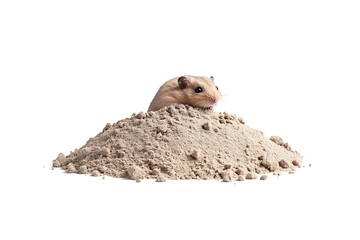 Adorable hamster peaking out of a pile of sand on white background studio shot