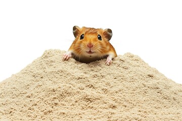 Adorable golden hamster burrowing in sand, cute pet portrait with charming expression, studio shot
