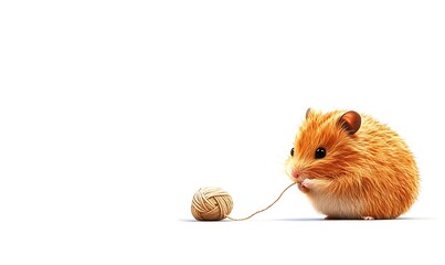 Cute hamster playing with yarn ball on white background. Adorable pet rodent with string