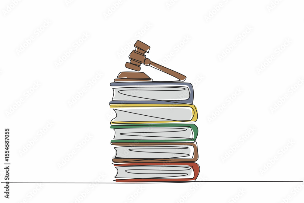 Poster single one line drawing judge gavel on top of 5 stacks of thick books. the case file is ready. the l