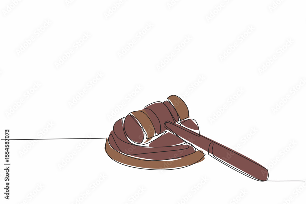 Poster single continuous line drawing judge gavel lying position on its wooden base. the gavel banging of t