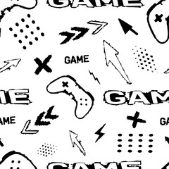 Black and white seamless pattern of grunge video game elements, joysticks, arrows, and dynamic shapes. Ideal for textile prints, posters, and gamer merchandise.