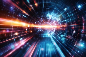 Abstract technology background with light streaks, data stream, and digital tunnel effect