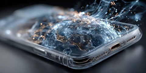 Glowing digital globe emerging from a smartphone screen symbolizing global connectivity