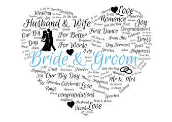 A Symbol of Everlasting Union: A romantic depiction, a heart-shaped word cloud elegantly encapsulates the essence of marriage, with "Bride & Groom" at its heart.