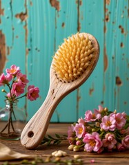 Natural Bristle Hairbrush with Pink Flowers on Rustic Wooden Background