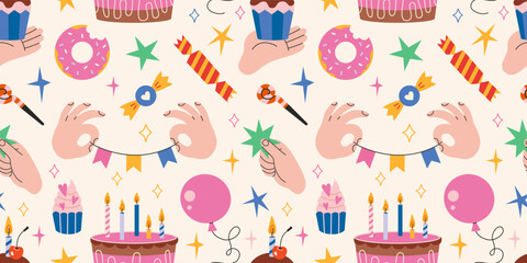 Colorful seamless birthday pattern with cake, cupcakes, festive balloons, hands, stars and celebration elements. Trendy modern vector illustration on light background, hand drawn, flat design