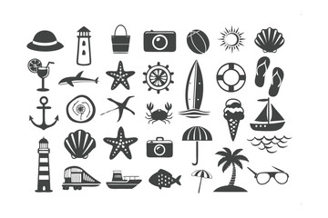 Obraz premium Summer Beach Icons: A collection of nautical and beach-themed illustrations that bring to life the elements of summer and the ocean.