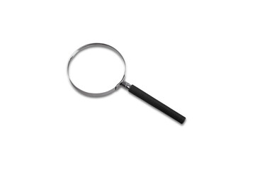 A simple and clear top-down shot of a classic silver-rimmed magnifying glass with a black handle,...