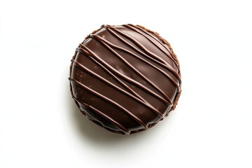 Chocolate glazed pastry with decorative stripes on white background