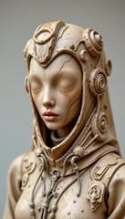 Serene Beige Figurine Sculpture of a Woman with Intricate Futuristic Headpiece