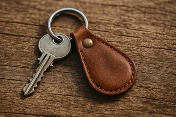Leather keychain with metal key.