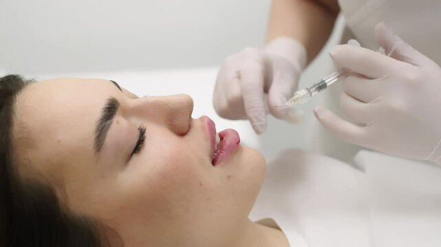 A beautician performing beauty injections on a young woman in a modern cosmetic clinic. Concept of skin rejuvenation, cosmetic procedures, and non-surgical facial enhancements for a youthful look.