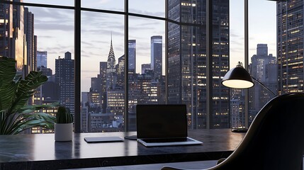 Modern office workspace with laptop and cityscape view at dusk for remote work appeal