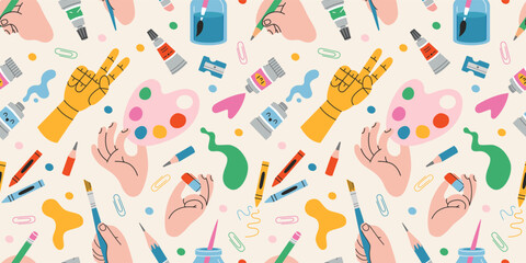Seamless pattern with art supplies, creative hands, paint tubes, brushes and sketching tools. Trendy modern vector illustration on light background, hand drawn, flat design