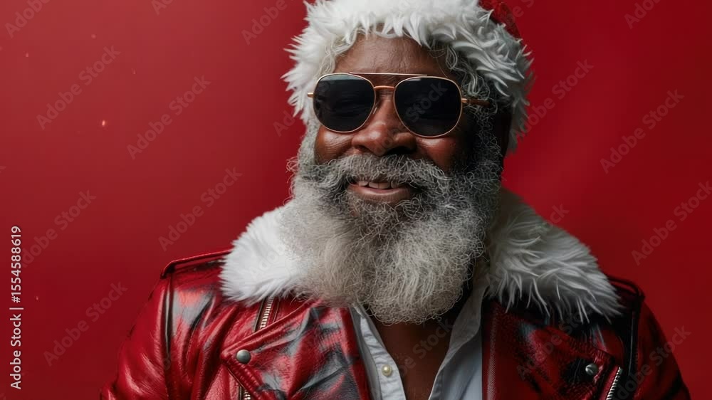 Poster A man with a beard wearing a red jacket and sunglasses, standing in front of a blurred background