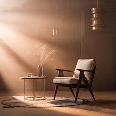 Modern interior with chair table lamp and vase in a well lit room
