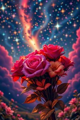 Pink and Purple Roses Bouquet Under a Starry Night Sky