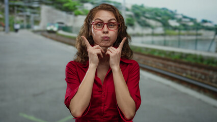Fototapeta premium Young woman with glasses making playful faces at outdoor train station with railway background