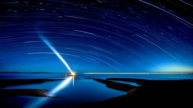 Star trails over water at night