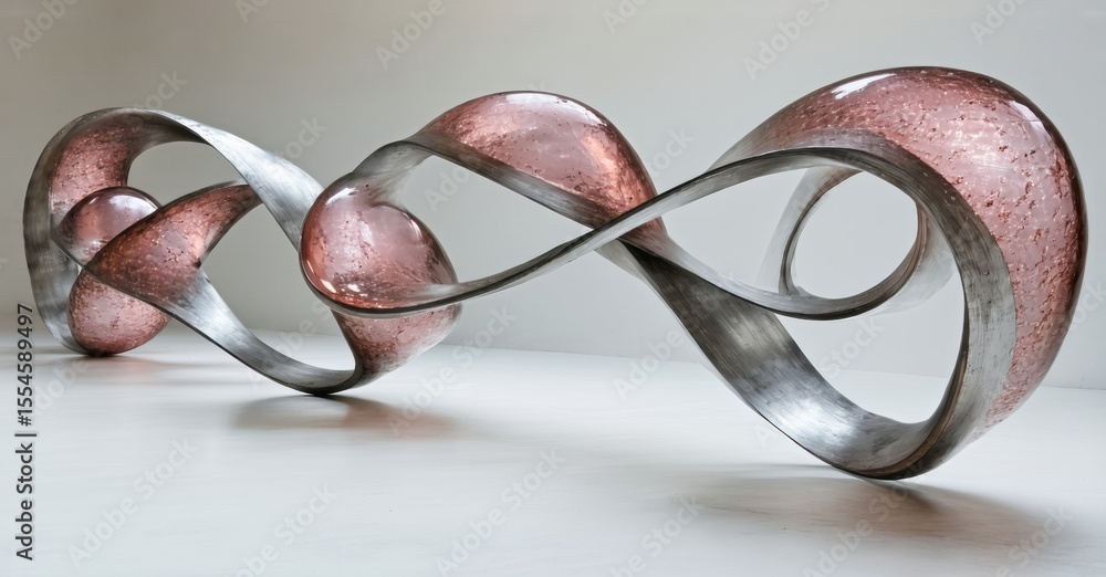 Poster abstract sculpture. pink glass forms within metal ribbon. smooth curves create flowing, continuous s