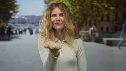 Woman holds out hand offering comfort beside street, blonde young smiling individual immersed in...