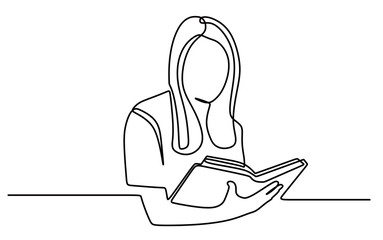 an image of a continuous line drawing of a woman reading a book. vector illustration of a student studying