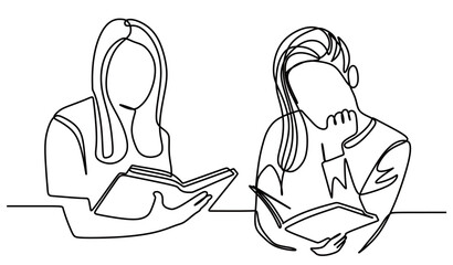 An image of a continuous line depicting two women reading a book. A vector illustration of a student studying.