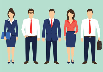 Diverse group of business people, including men and women in suits, standing together as a symbol of teamwork and company success