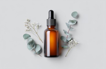 Fototapeta premium The image features a brown bottle with a dropper, nestled among soft white flowers and green leaves, with a bright background that evokes feelings of natural beauty and wellness