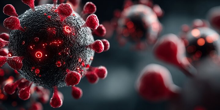 Close-up of a digitally rendered virus particle with red spikes and glowing details on a dark background