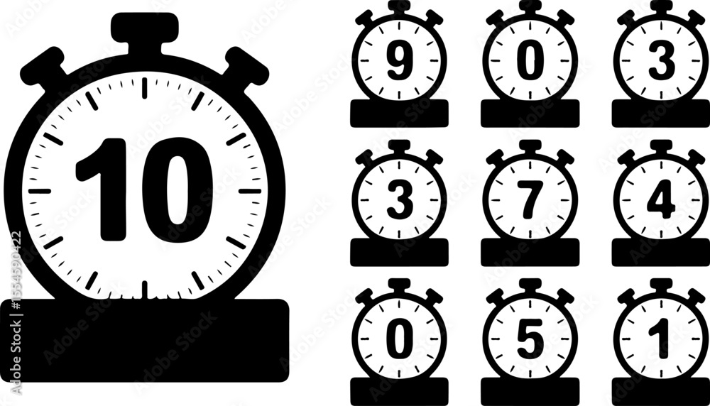 Aufkleber stopwatch icons showing numbers ten nine zero three seven four zero five one timer clock