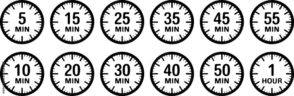 Poster black circular timers with minute markings and numerical time indicators clock hour