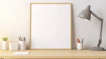 Interior mockup with a wooden shelf and lamp, styled for clean poster presentation. Natural light and soft tones create a calming workspace scene.
