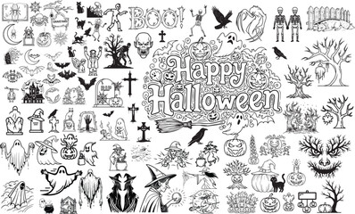 Halloween Icons Bundle - Spooky, pumpkin ,  ghost,  bat. skull Vector Graphics Collection for Halloween Design Projects, Crafts & Decorations